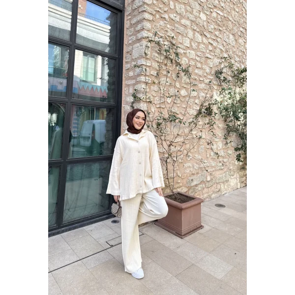 Zeyn Düğmeli Triko Takım - Bej