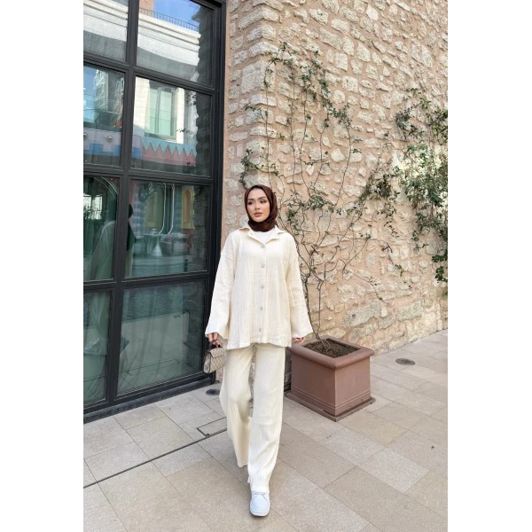 Zeyn Düğmeli Triko Takım - Bej