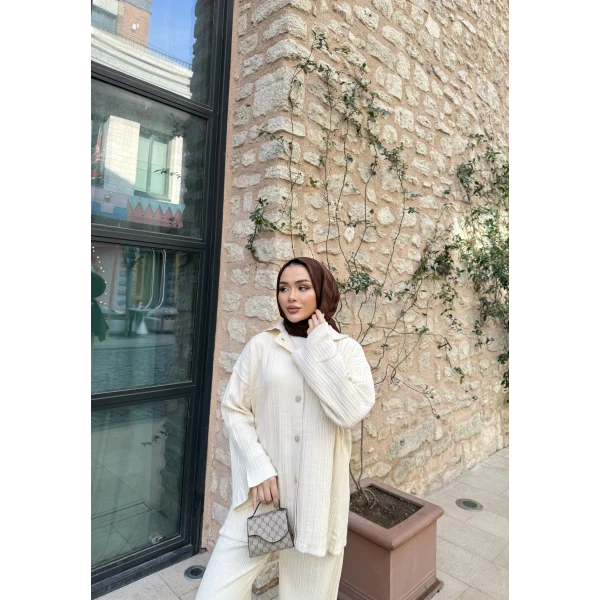 Zeyn Düğmeli Triko Takım - Bej