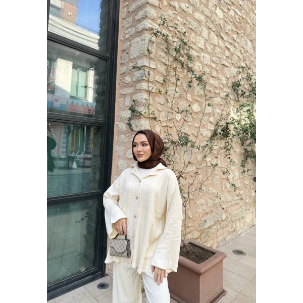 Zeyn Düğmeli Triko Takım - Bej