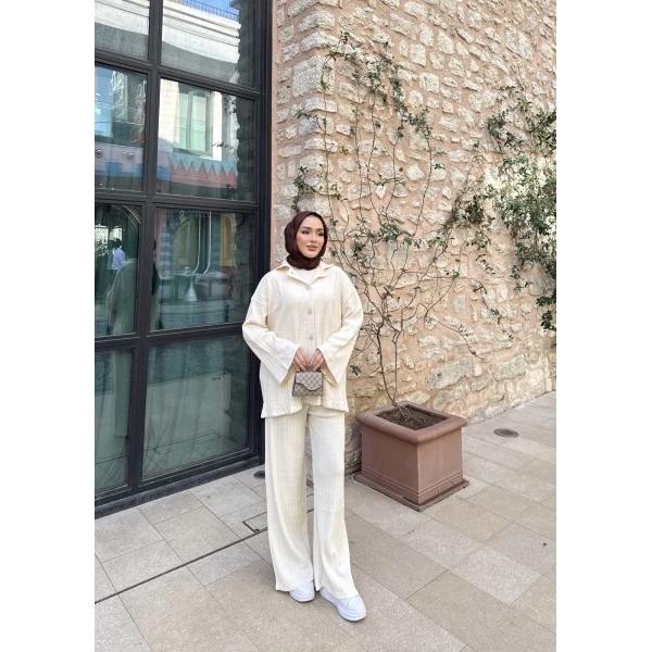 Zeyn Düğmeli Triko Takım - Bej