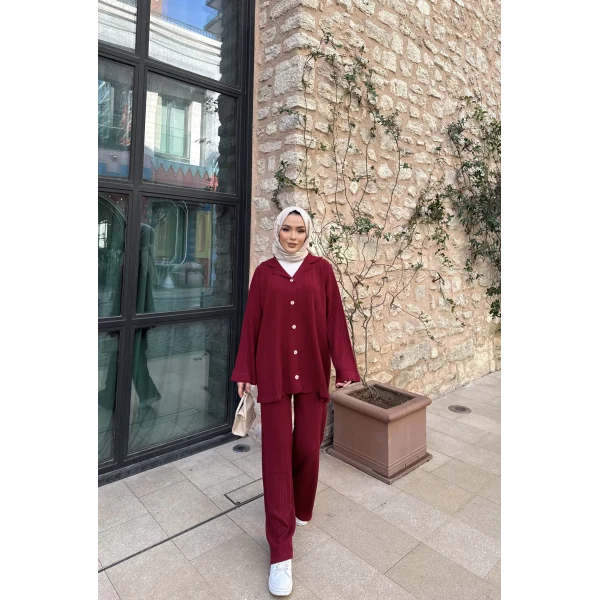 Zeyn Düğmeli Triko Takım - Bordo