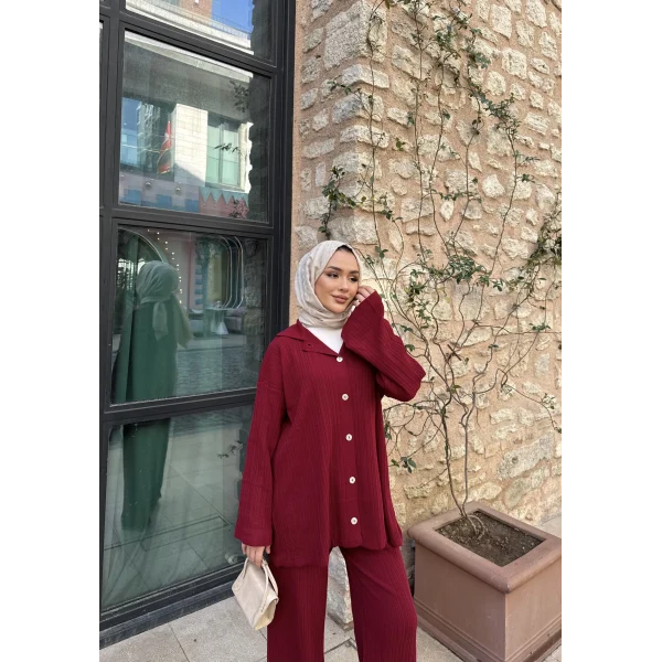 Zeyn Düğmeli Triko Takım - Bordo