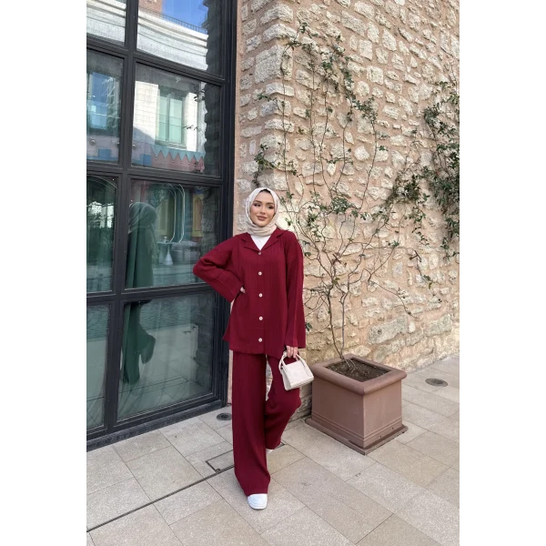 Zeyn Düğmeli Triko Takım - Bordo
