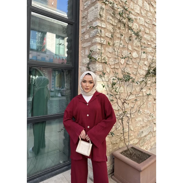 Zeyn Düğmeli Triko Takım - Bordo