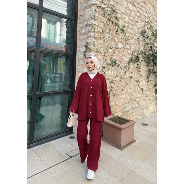 Zeyn Düğmeli Triko Takım - Bordo