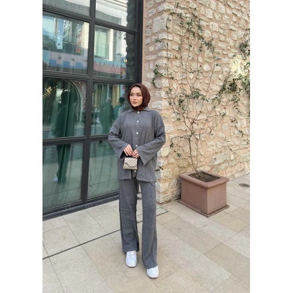 Zeyn Düğmeli Triko Takım - Gri
