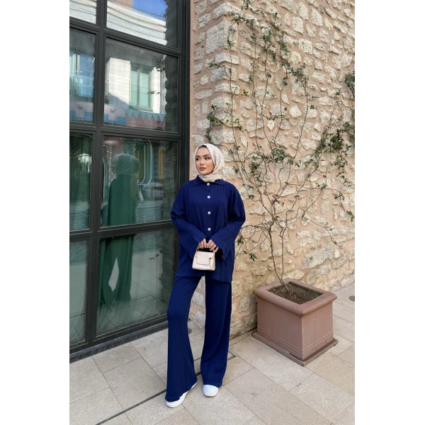 Zeyn Düğmeli Triko Takım - Lacivert