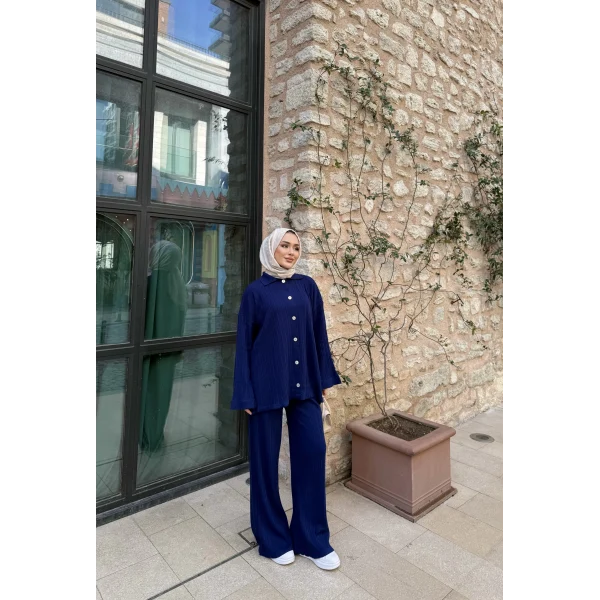 Zeyn Düğmeli Triko Takım - Lacivert