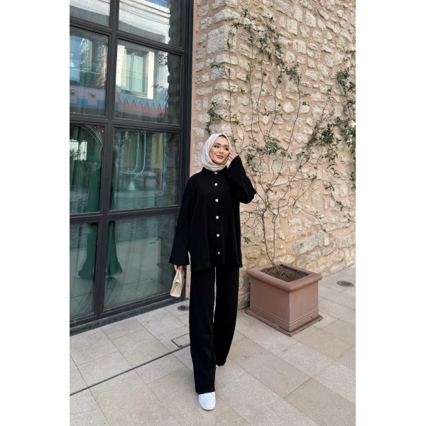 Zeyn Düğmeli Triko Takım - Siyah