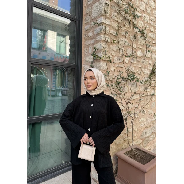 Zeyn Düğmeli Triko Takım - Siyah