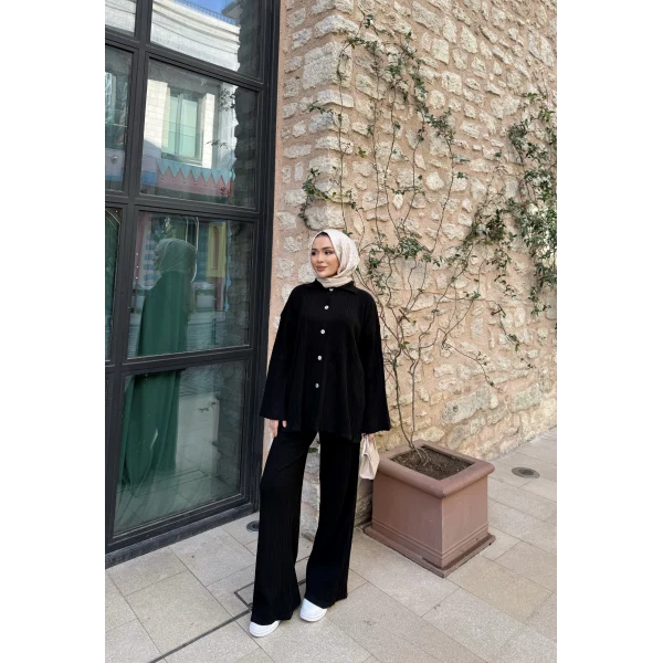 Zeyn Düğmeli Triko Takım - Siyah