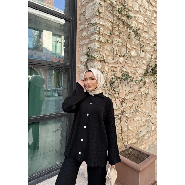 Zeyn Düğmeli Triko Takım - Siyah