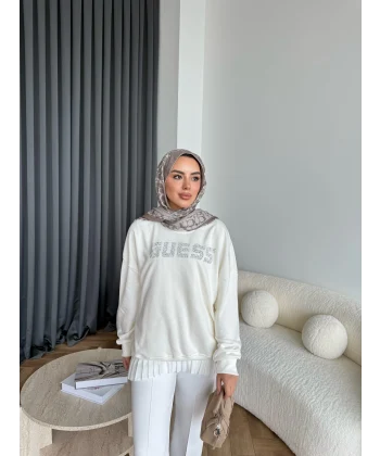 1-Muadil Taşlı Sweat - Beyaz