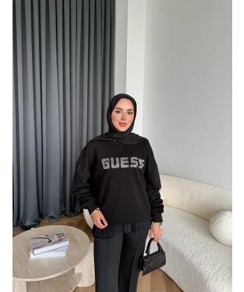 1-Muadil Taşlı Sweat - Siyah