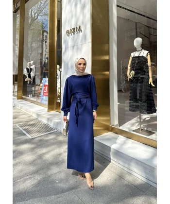 Balon Kol Krep Elbise - Lacivert