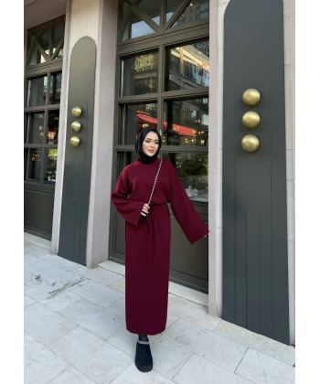 Balon Kol Triko Elbise - Bordo