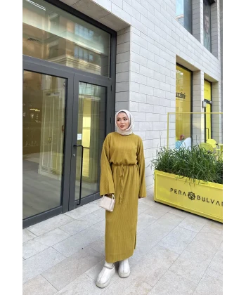 Balon Kol Triko Elbise - Yağ Yeşili