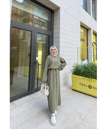 Balon Kol Triko Elbise - Yeşil