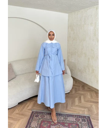 Belden Oturtmalı Etekli Takım - Mavi