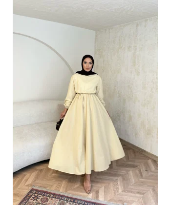 Beli Büzgülü Elbise - Sarı