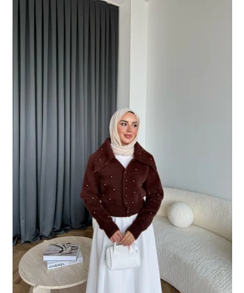 Boncuk Detaylı Mini Hırka - Acı Kahve