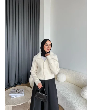 Boncuk Detaylı Mini Hırka - Ekru