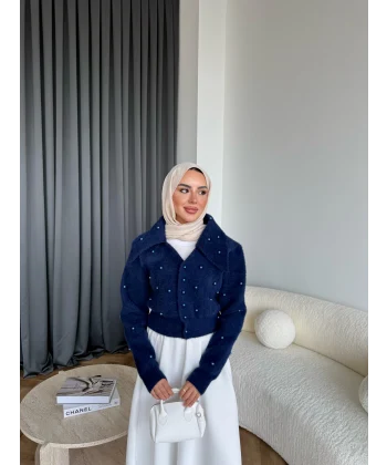 Boncuk Detaylı Mini Hırka - Lacivert