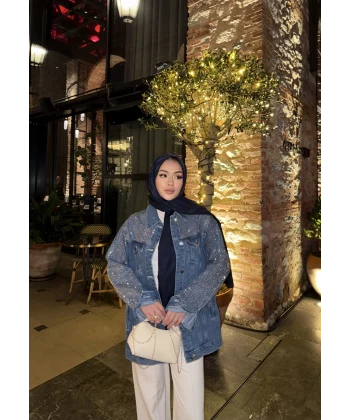 Borona Taş Detaylı Kot Ceket