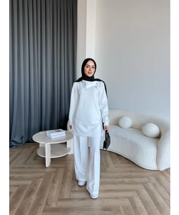 Btç-Freyi Gold Düğme Detay Scuba Takım - Beyaz