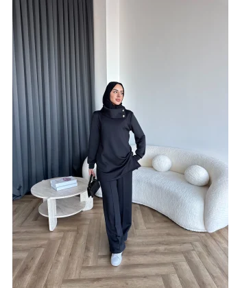 Btç-Freyi Gold Düğme Detay Scuba Takım - Siyah