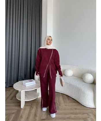 Btç-Suyn Şerit Detay 3 İplik Takım - Bordo