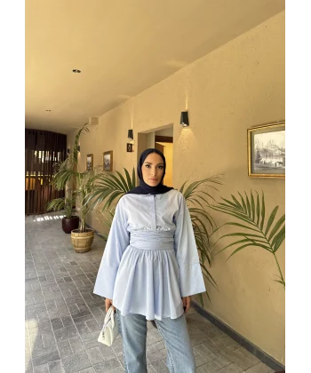 Çizgili Helina Bağlamalı Gömlek - Mavi