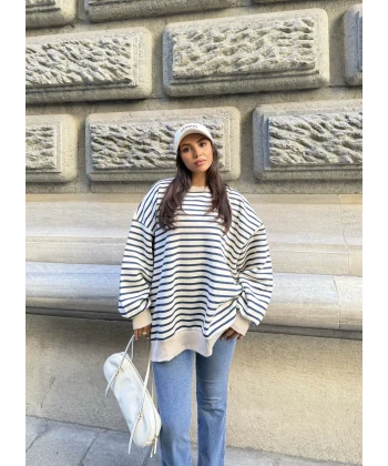 Çizgili Sweatshırt - Beyaz-Lacivert