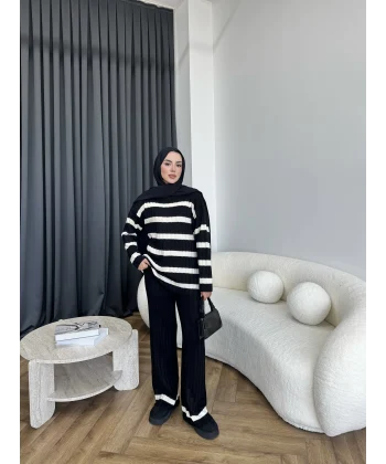 Çizgili Triko Takım - Siyah