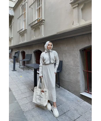 Dahsen Düğmeli Triko Elbise - Bej