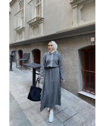 Dahsen Düğmeli Triko Elbise - Gri