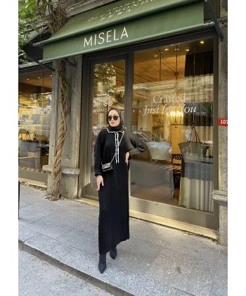 Dahsen Düğmeli Triko Elbise - Siyah