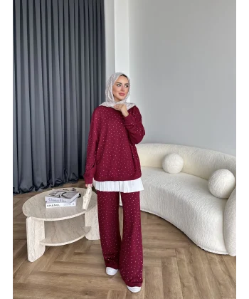 Derla Taş Detaylı Eşofman Takım - Bordo