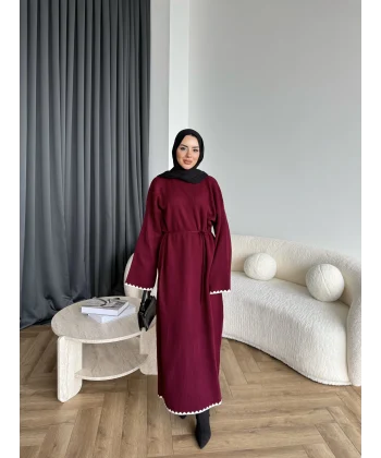 Doray Dantel Detaylı Elbise - Bordo