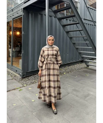 Doria Kareli Elbise - Acı Kahve