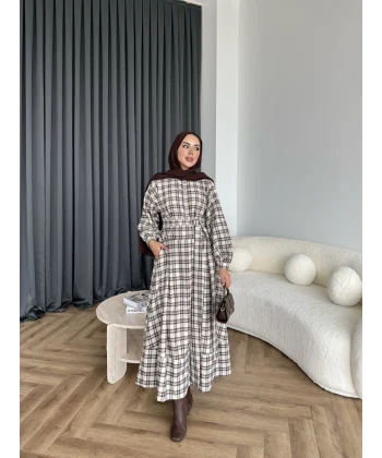 Doria Kareli Elbise - Bej