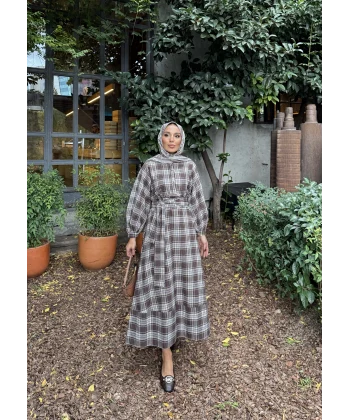 Doria Kareli Elbise - Kahve - ÖN SİPARİŞ