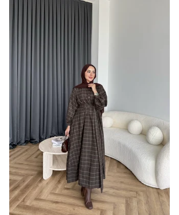 Doria Kareli Elbise - Koyu Kahve