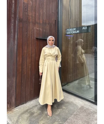 Düğme Detaylı Scuba Elbise - Sarı