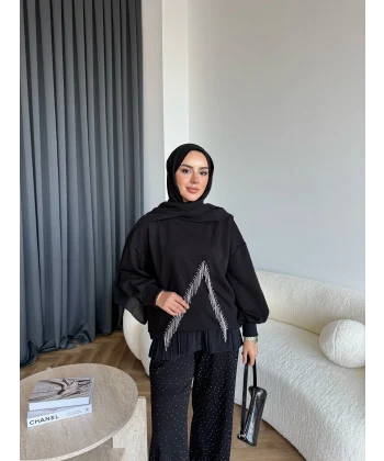 Ela Taş Detaylı Sweat - Siyah