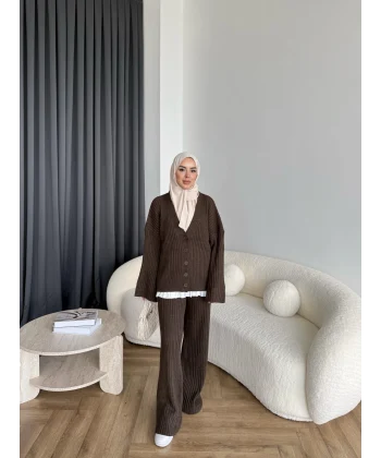 Elenor Düğmeli Triko Takım - Kahve