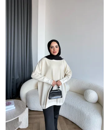 Evar Simli Kolu Düğmeli Triko Kazak - Bej