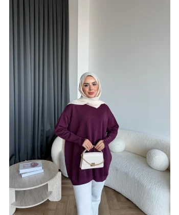 Evar Simli Kolu Düğmeli Triko Kazak - Bordo