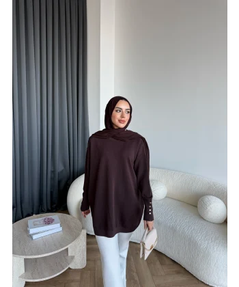 Evar Simli Kolu Düğmeli Triko Kazak - Kahve